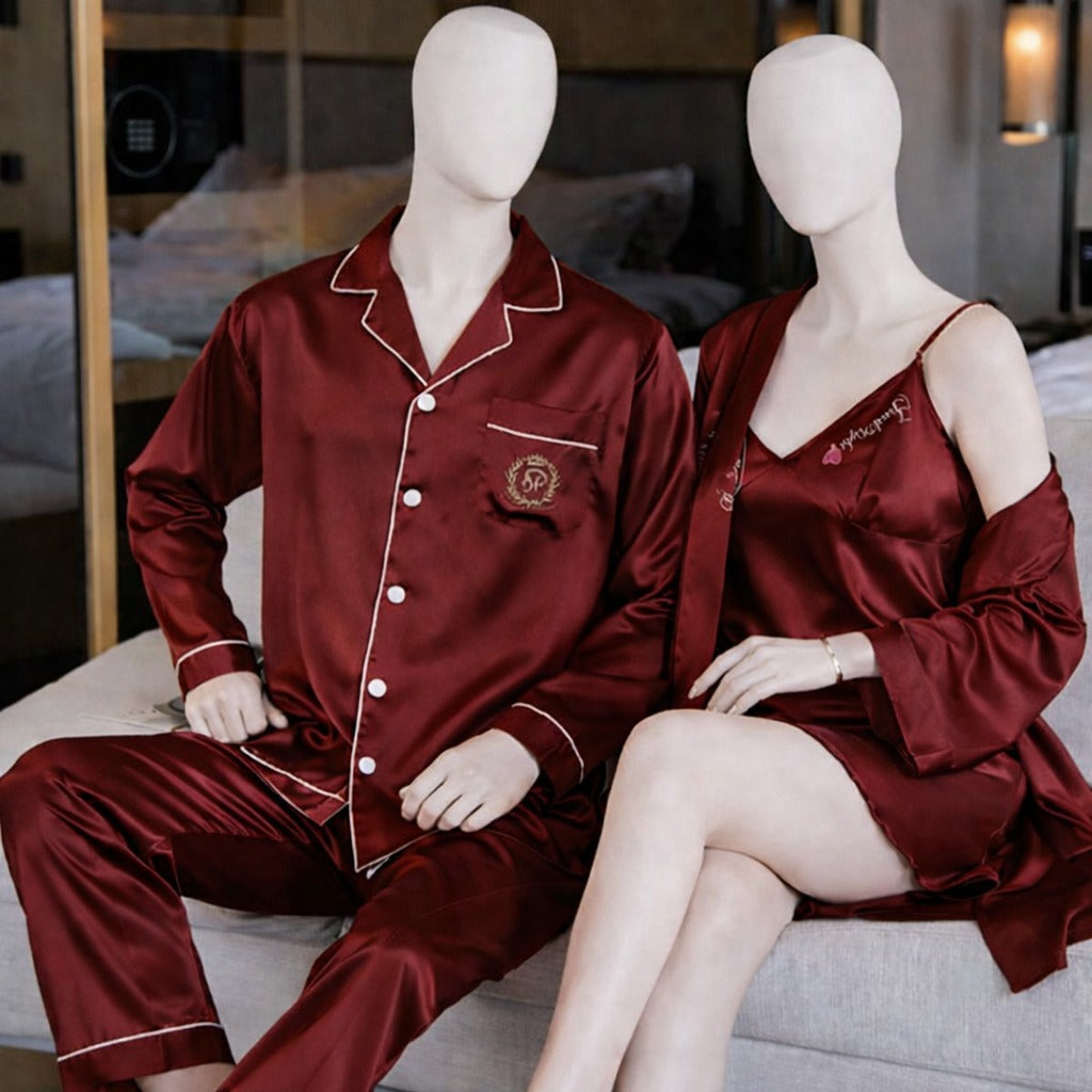 Couple Night Dress Silk Sleepwear Set – 4-Piece Pajama & Robe Set | SKU: DC-C012 | Black