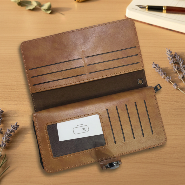 Premium Black Leather Travel Organizer Wallet with Metal Lock Closure