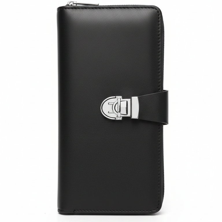 Premium Black Leather Travel Organizer Wallet with Metal Lock Closure