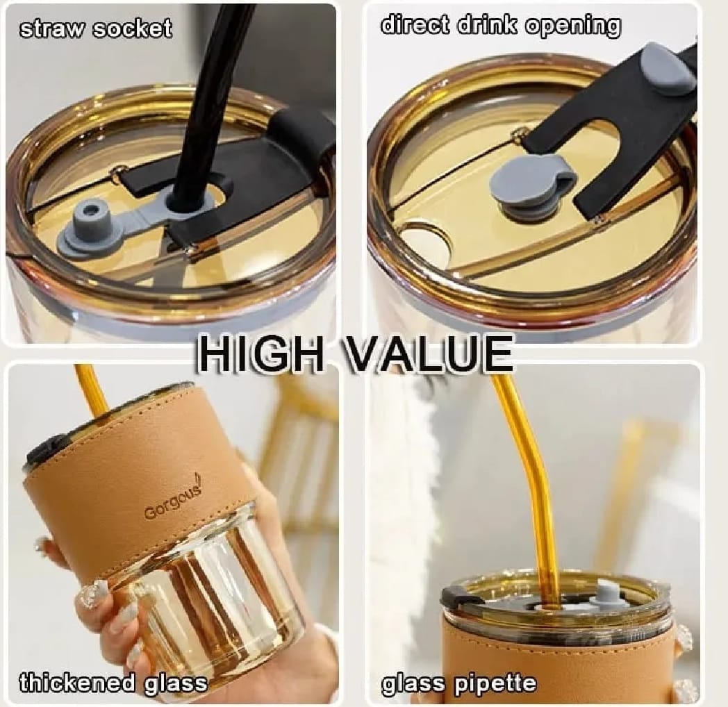Reusable Coffee Mug with Straw – Leakproof Lid & Heat-Resistant PU Leather Sleeve for Hot & Cold Drinks (300ml)