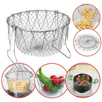 Stainless Steel Multi-Functional Foldable Chef Basket – Deluxe Kitchen Colander, Mesh Steam, Rinse, Strain & Fry Basket