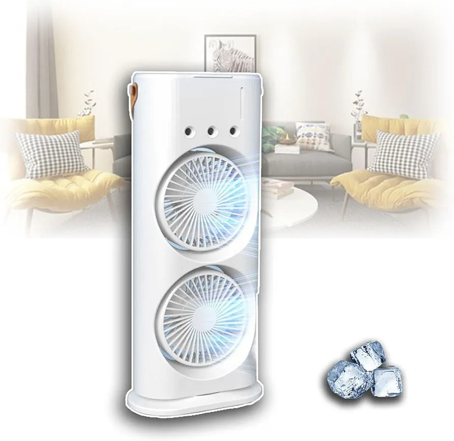 Double-Ended Spray Water Mist Fan – Dual Fan Cooling with 90° Rotation, RGB Lights, and Strong Brushless Motor – USB Powered Desktop Air Cooler