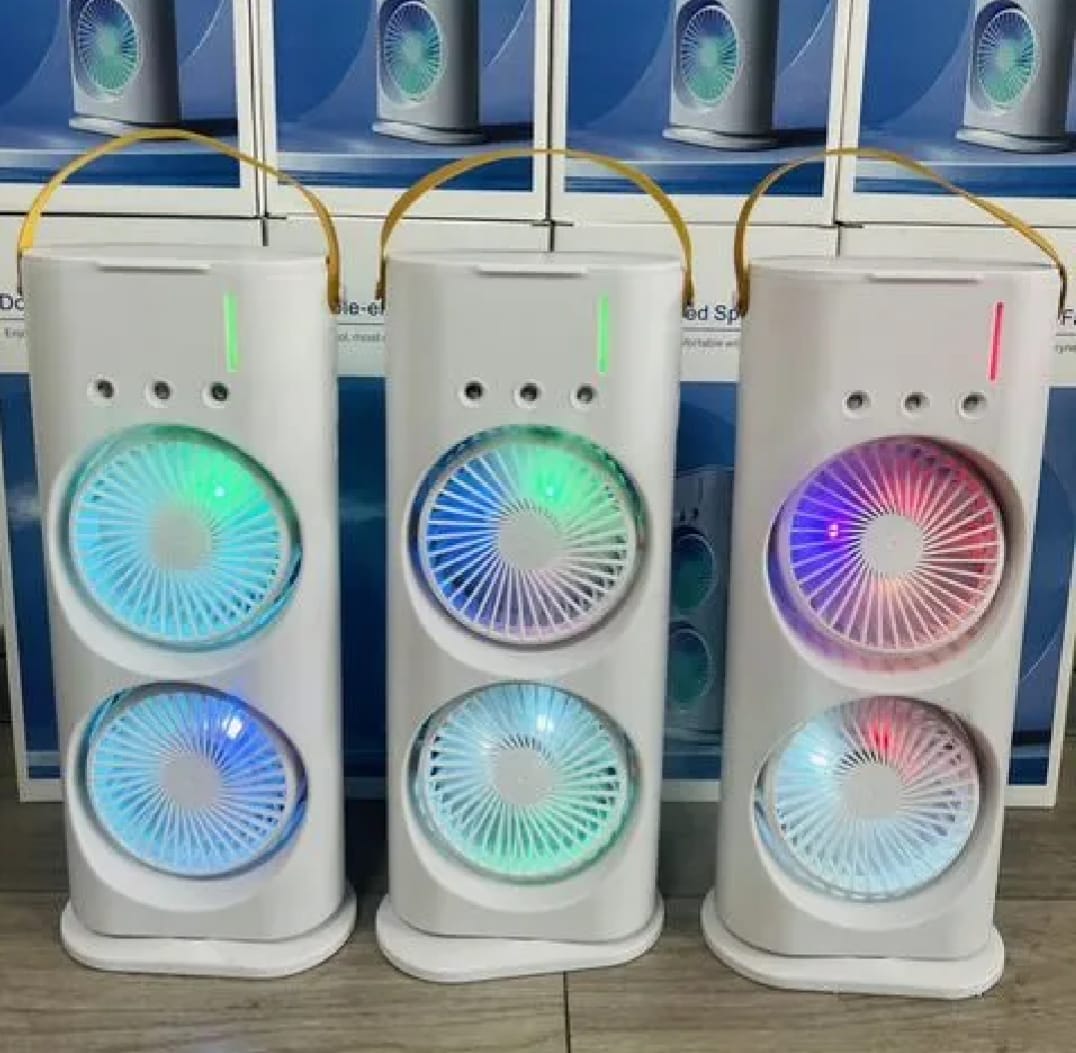 Double-Ended Spray Water Mist Fan – Dual Fan Cooling with 90° Rotation, RGB Lights, and Strong Brushless Motor – USB Powered Desktop Air Cooler