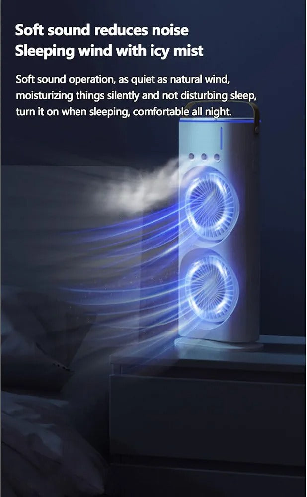 Double-Ended Spray Water Mist Fan – Dual Fan Cooling with 90° Rotation, RGB Lights, and Strong Brushless Motor – USB Powered Desktop Air Cooler