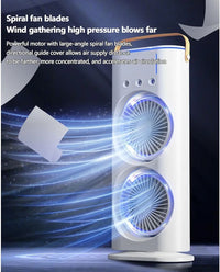 Double-Ended Spray Water Mist Fan – Dual Fan Cooling with 90° Rotation, RGB Lights, and Strong Brushless Motor – USB Powered Desktop Air Cooler